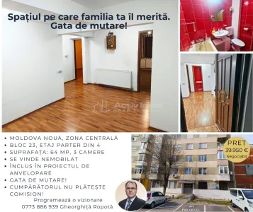 Apartament 3 camere decomandat, Bl. 23, Parter,Â Moldova Noua - Moldova Noua